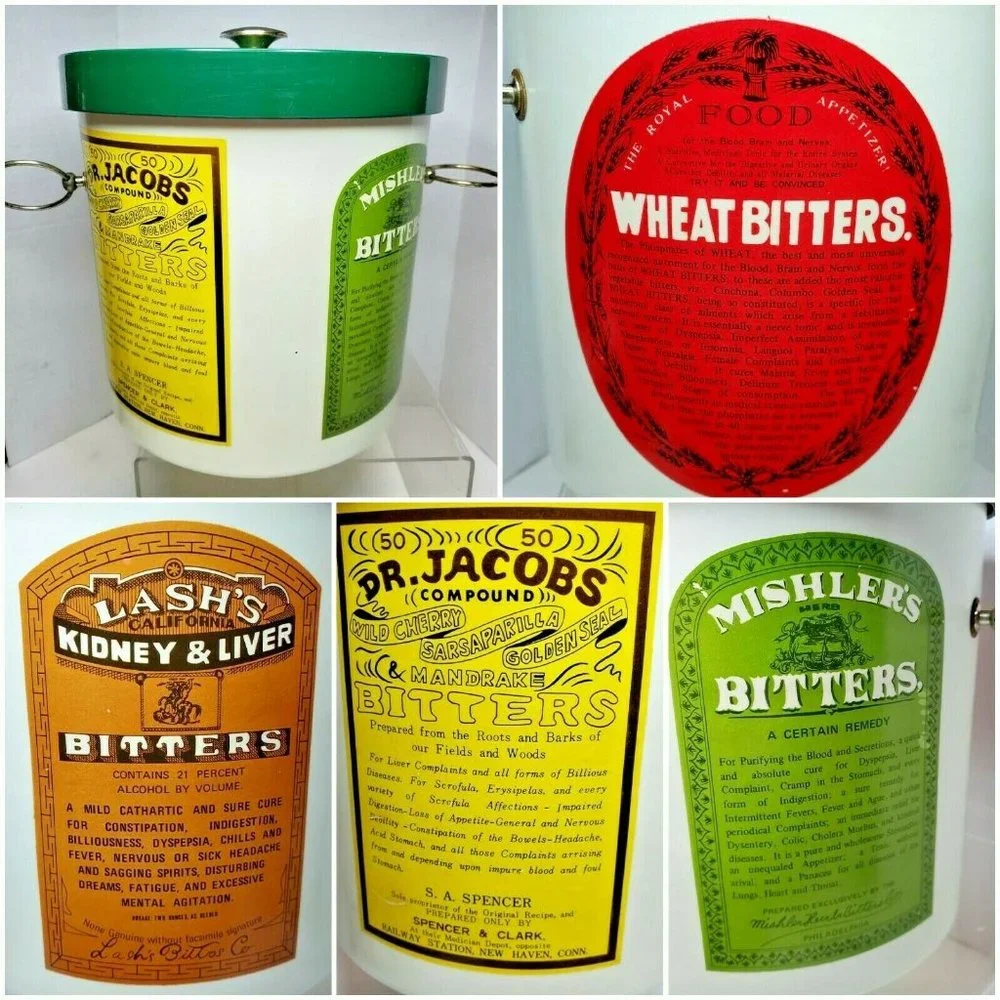 Vintage OOAK Ice Bucket medicinal bitters Labels Dr Jacob's Lashs Mishlers Wheat